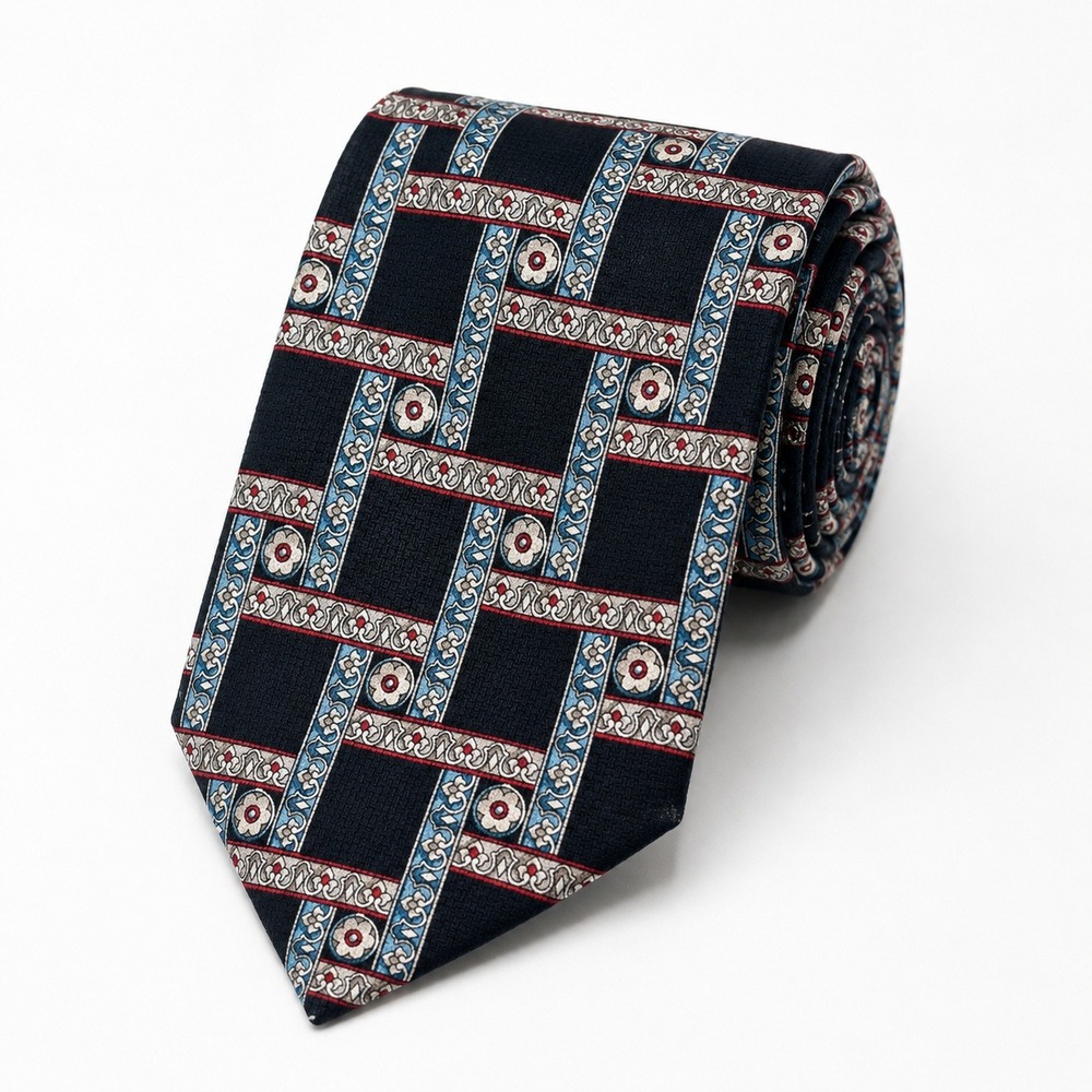 Tom James Mens Silk Necktie Black Blue Floral Geometric Medallion Ornate‎ Scroll